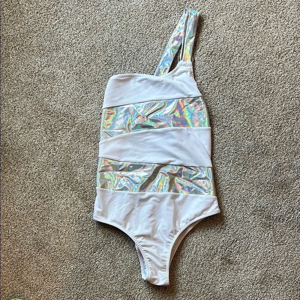 White and Holographic One-Shoulder Swimsuit